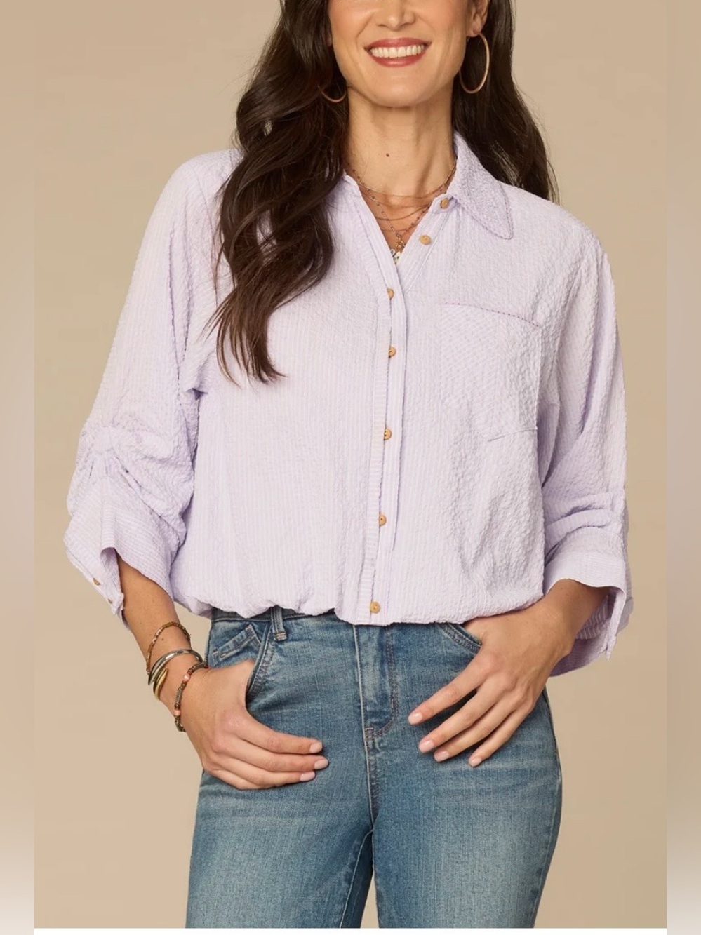Democracy Tucked Sleeve Smocked Button Down Bubble Hem Stripe Woven Shirt, XL
